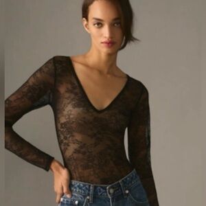 Anthropologie Black Lace Long-Sleeve Bodysuit